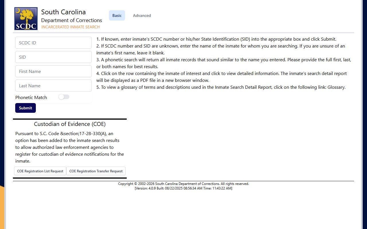 Calhoun County inmate records SCDC search form